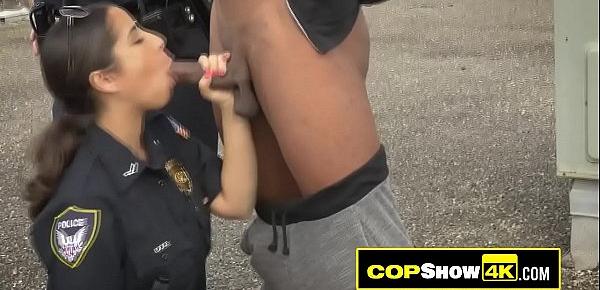  Latina MILF is deep throating a big black dick in public while on duty!